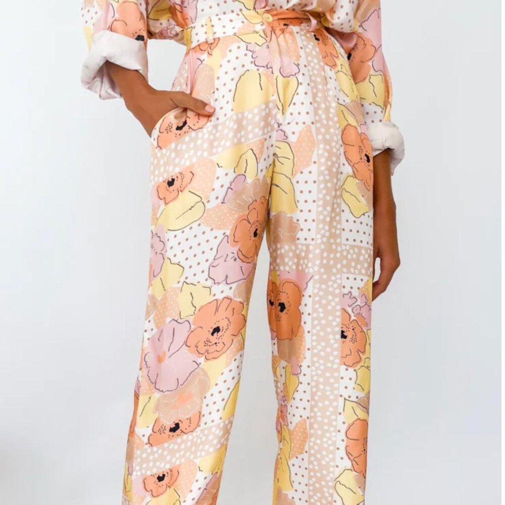 VRG GRL Valerie Wide Leg Floral Pants Peach Pink Daisy Print Size 6 - Picture 2 of 13